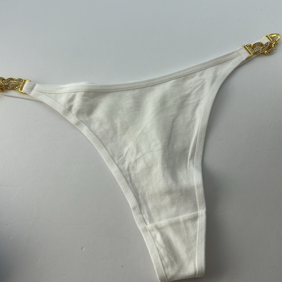 IZA‎ Panty Gold Chain Crystal Embellished Stretch Cotton Bikini Cut White Thong - Picture 12 of 14